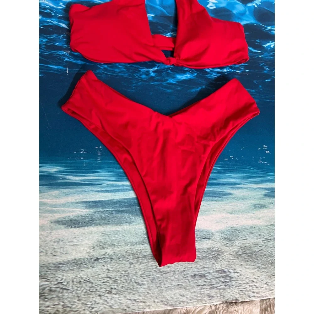 ☀️Unbranded Red Knot Front Bikini Set High Cut V-Waist Swimsuit Two Piece Womens